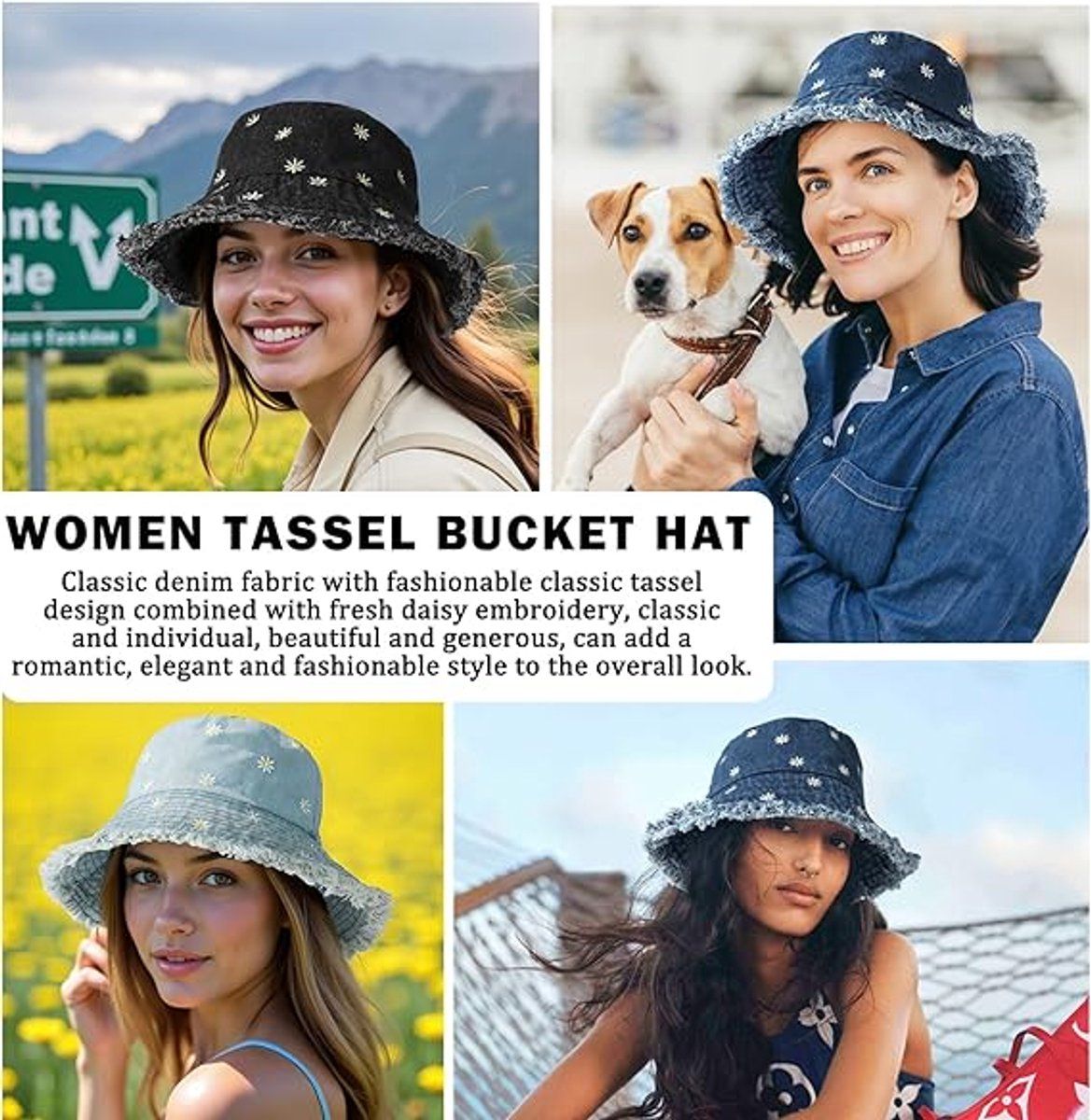 UPF 50+ Denim Bucket Hat for Women, Foldable Breathable Cotton Sun Hat with Daisy Embroidery, Retro Beach Hat, Blue