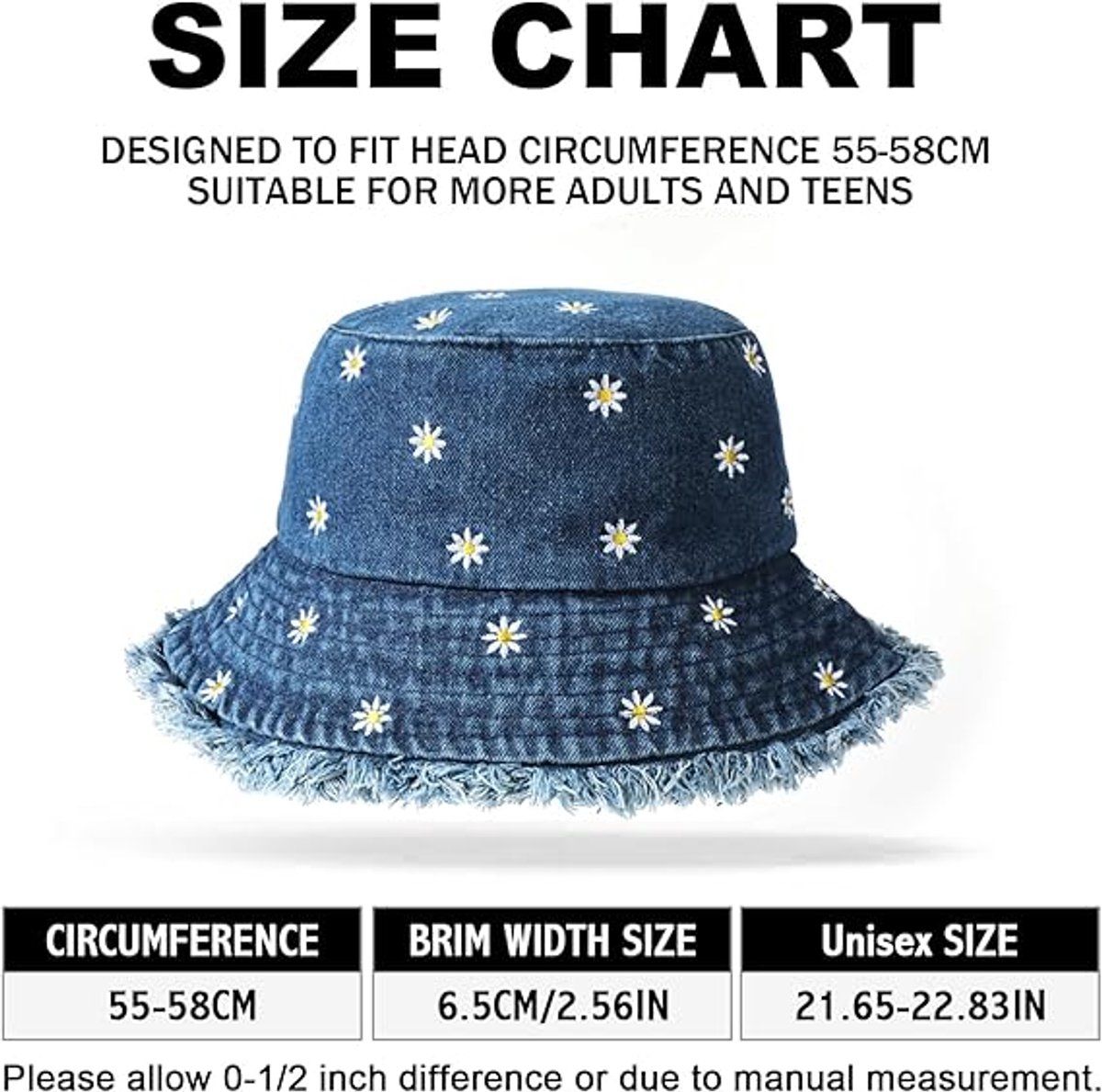 UPF 50+ Denim Bucket Hat for Women, Foldable Breathable Cotton Sun Hat with Daisy Embroidery, Retro Beach Hat, Blue