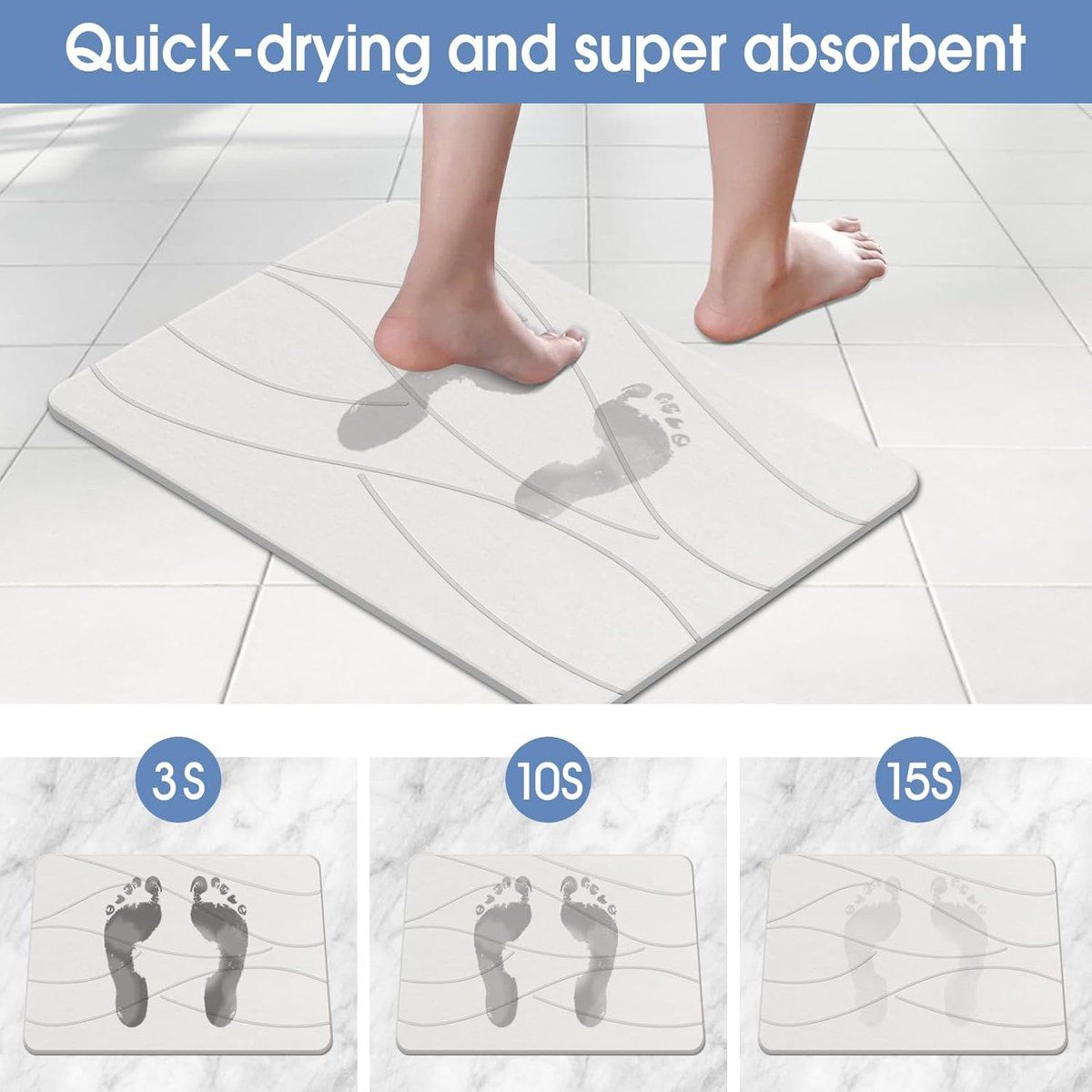 Diatoearth Bath Mat Quick Drying Non Slip Super Absorbent for Bathroom Shower, 40x30 cm White