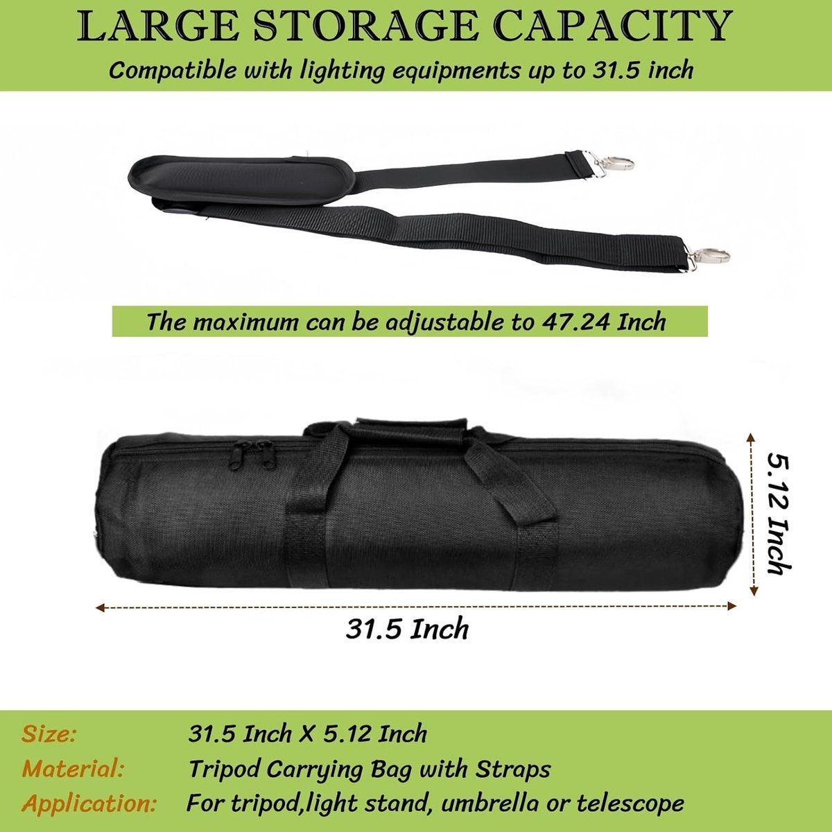 Padded Tripod Carry Bag with Shoulder Strap for Light Stands Monopods Softboxes and Photography Accessories, 80 x 13 cm, Black