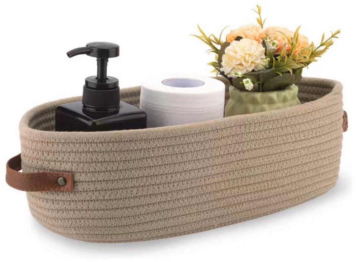 Woven Storage Basket Boho Decorative Basket for Organizing Toilet Paper Basket for Bathroom Countertop Shelf Basket with Handle Khaki