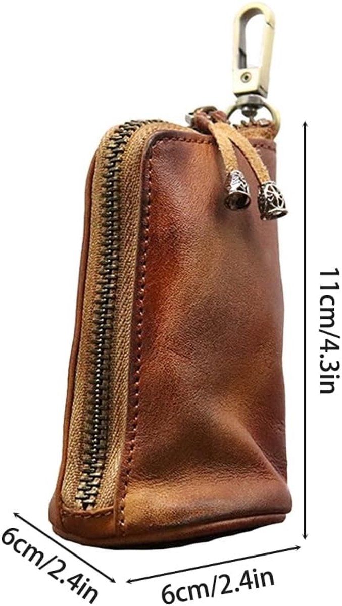 Genuine Leather Coin Purse Mini Wallet Zipper Key Pouch Compact for Keys and Coins, Brown