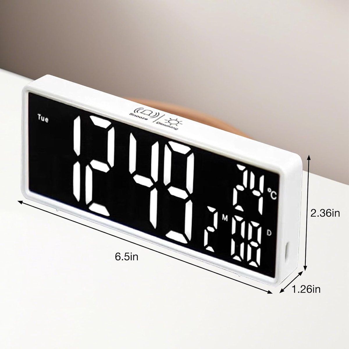 LED Digital Alarm Clock with Mirror Display, Date, Day of Week, Dimmable Night Light for Bedroom Office, White