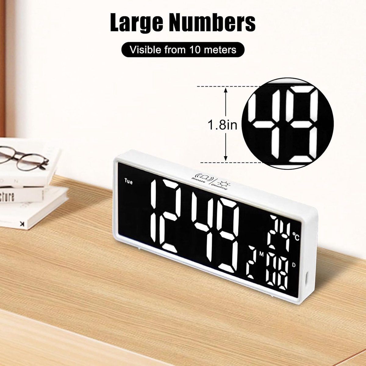 LED Digital Alarm Clock with Mirror Display, Date, Day of Week, Dimmable Night Light for Bedroom Office, White