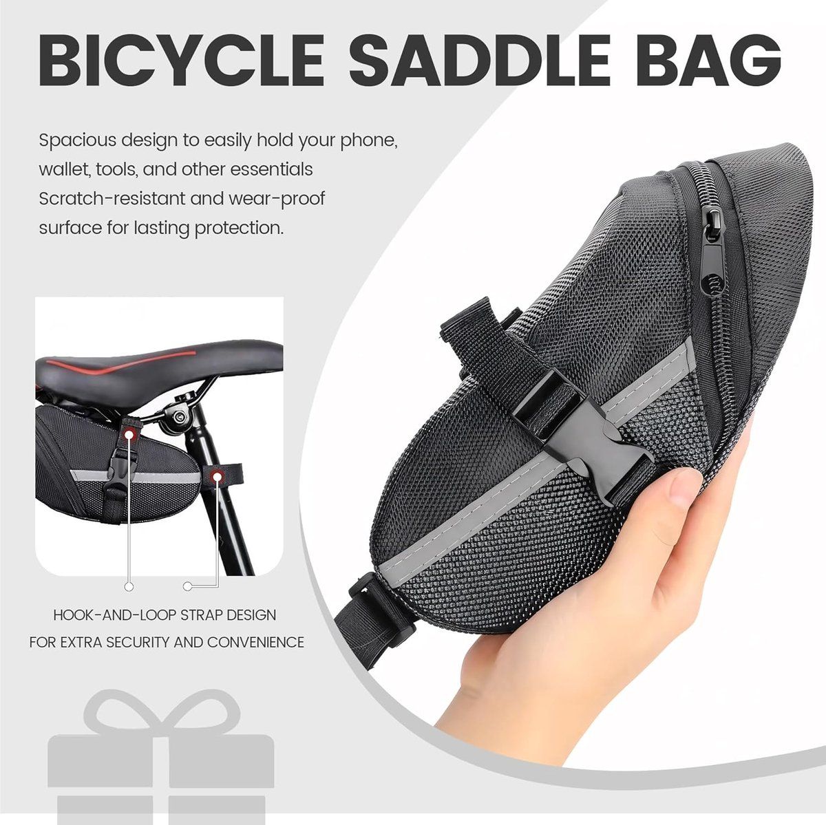 Bike Saddle Bag Water Resistant Bicycle Seat Storage Pouch for Road Bike and MTB Universal Fit Strap Mount Cycling Bag, Black
