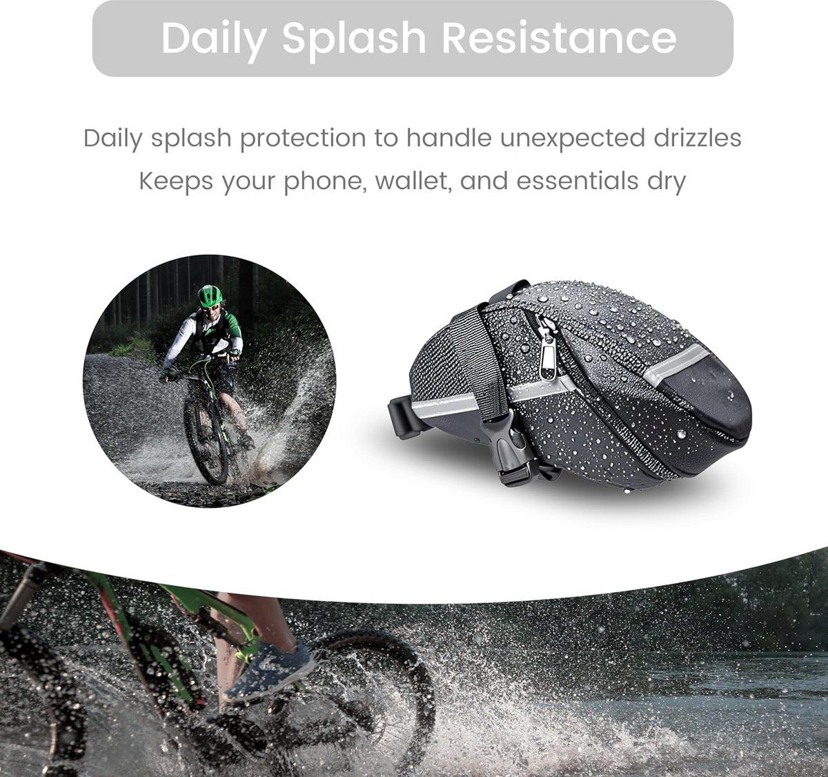 Bike Saddle Bag Water Resistant Bicycle Seat Storage Pouch for Road Bike and MTB Universal Fit Strap Mount Cycling Bag, Black