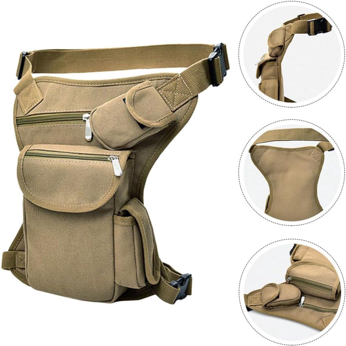 Tactical Drop Leg Bag, Canvas Waist Bag with Multiple Pockets, Adjustable Leg Pouch for Motorcycle Cycling Hiking Travel Festival, Khaki