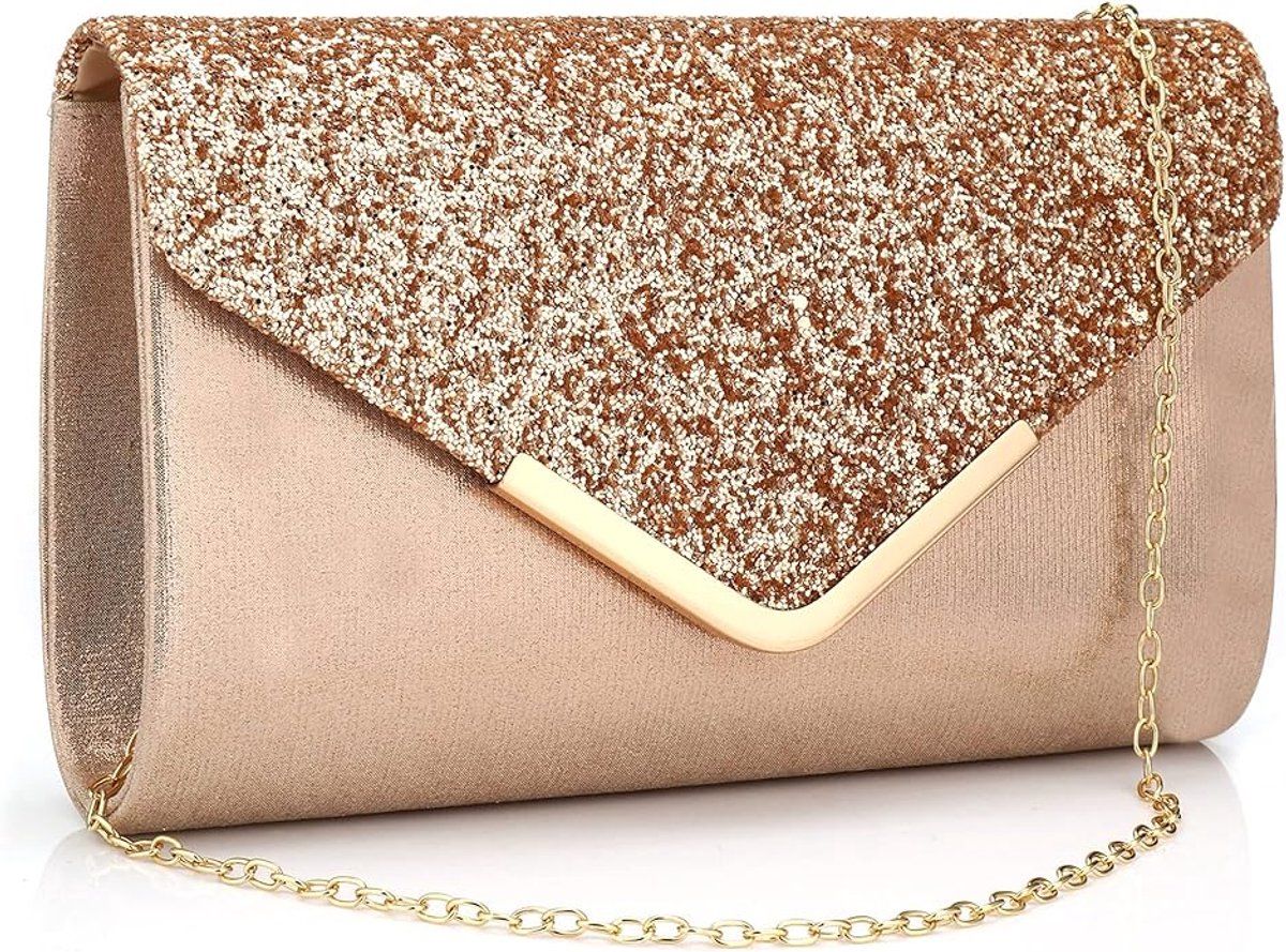 Sparkly Clutch Evening Bag with Chain for Women, Elegant Envelope Purse for Formal Occasions Wedding Party, Champagne