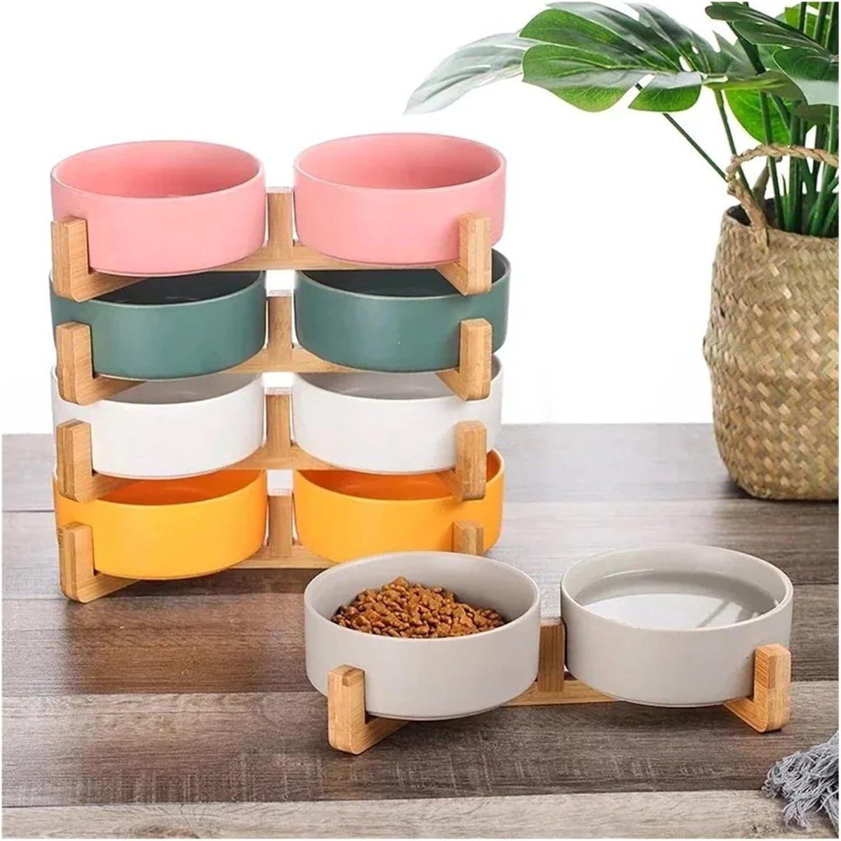 Double Ceramic Dog and Cat Bowls with Wooden Stand, No-Spill Elevated Food and Water Bowls for Small Pets, Indoor Use, Gray, 11 cm Diameter