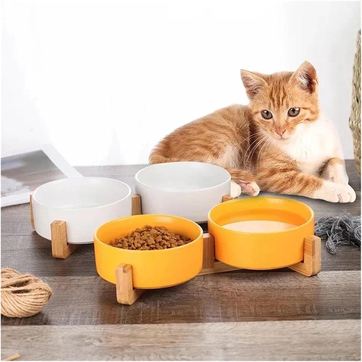 Double Ceramic Dog and Cat Bowls with Wooden Stand, No-Spill Elevated Food and Water Bowls for Small Pets, Indoor Use, Gray, 11 cm Diameter