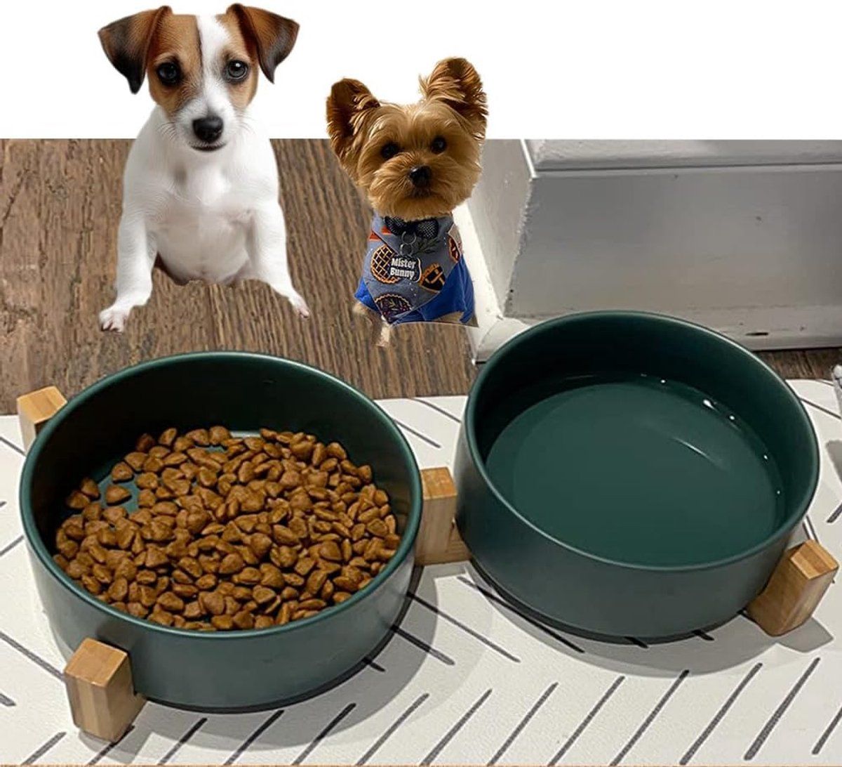 Double Ceramic Dog and Cat Bowls with Wooden Stand, No-Spill Elevated Food and Water Bowls for Small Pets, Indoor Use, Gray, 11 cm Diameter