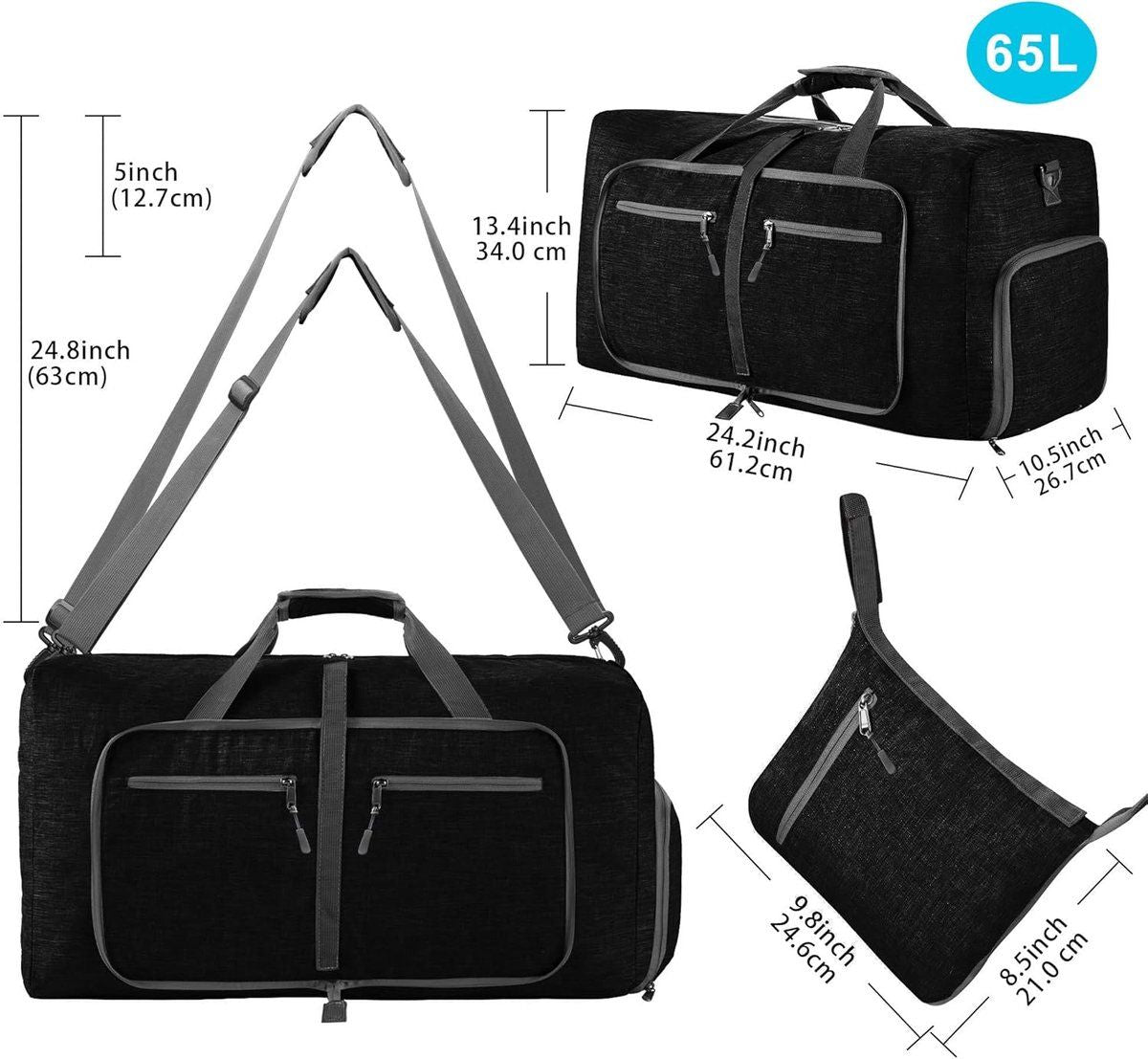 85L Foldable Travel Duffel Bag with Shoe Compartment, Waterproof Sports Gym Bag for Fitness Travel Business, Black