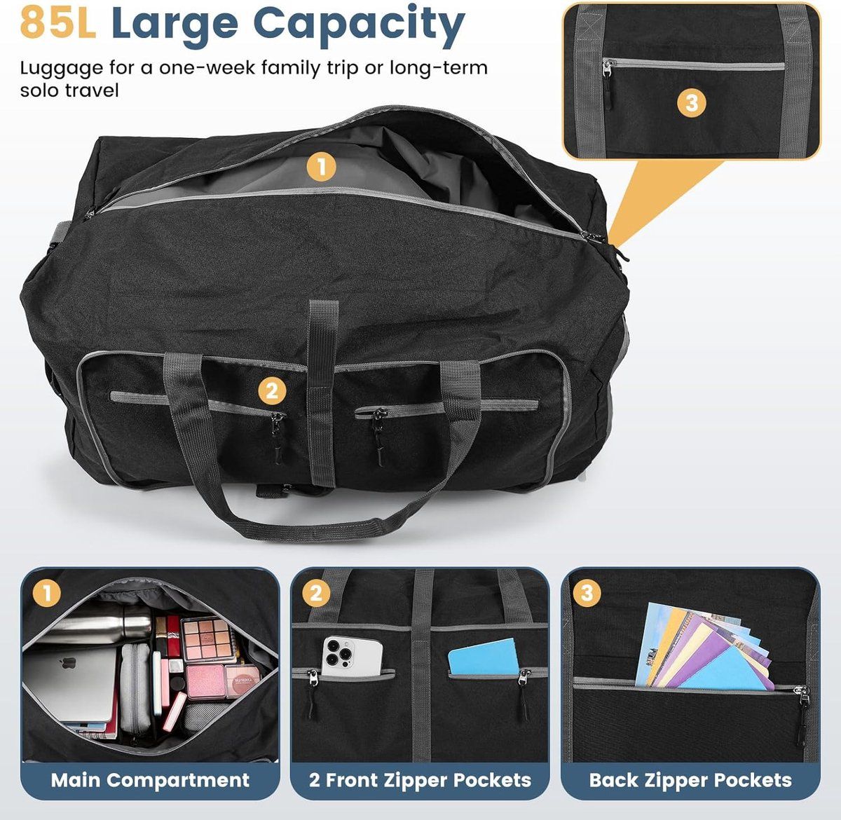85L Foldable Travel Duffel Bag with Shoe Compartment, Waterproof Sports Gym Bag for Fitness Travel Business, Black
