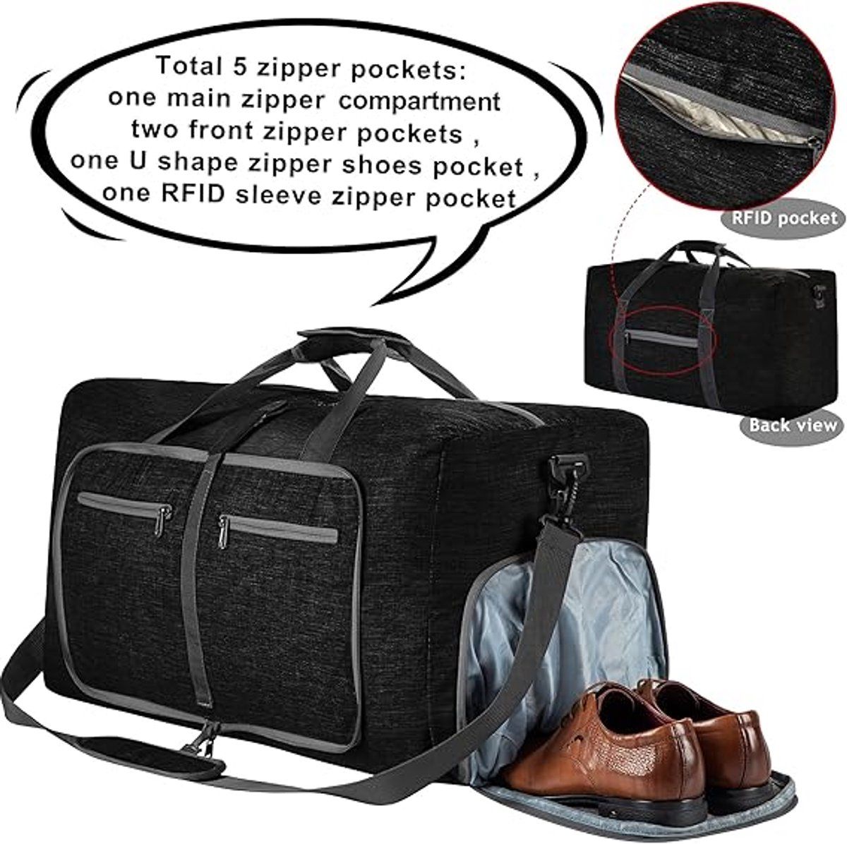 85L Foldable Travel Duffel Bag with Shoe Compartment, Waterproof Sports Gym Bag for Fitness Travel Business, Black