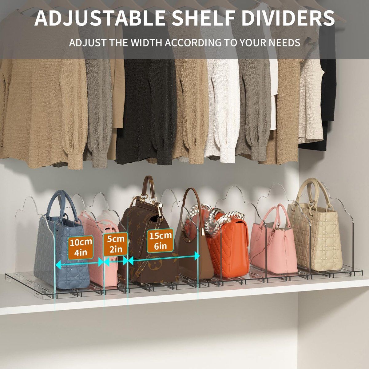 Adjustable Handbag Organizer with Removable Dividers, Clear Acrylic Purse Storage Rack for Closet Kitchen Bathroom, Transparent