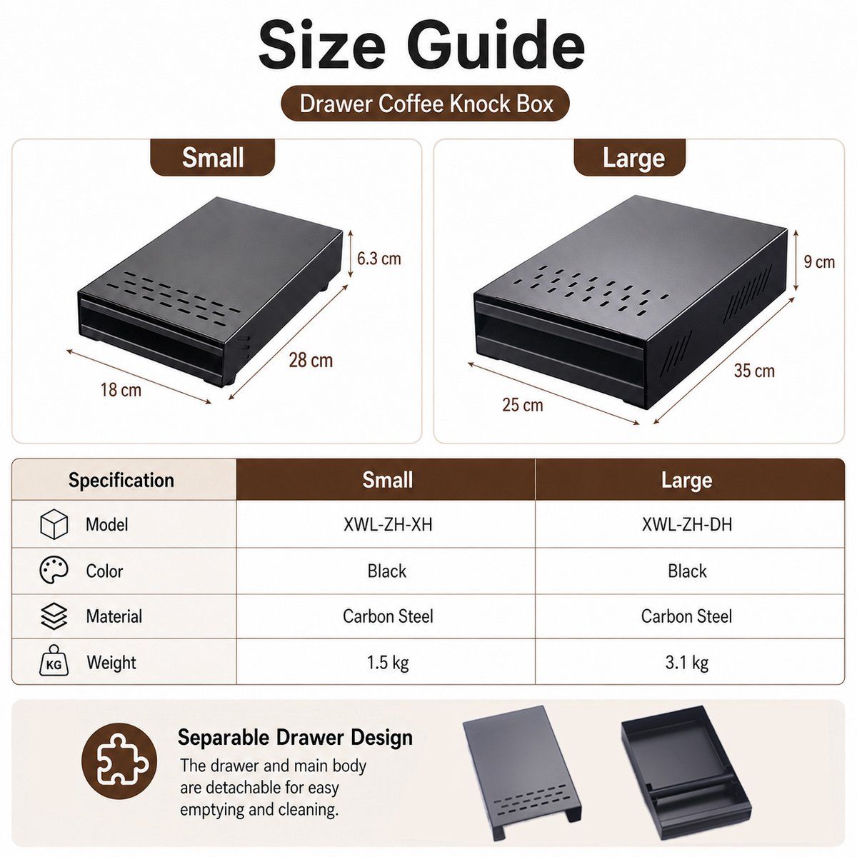 Espresso Knock Box with Drawer, Anti-Slip Carbon Steel Coffee Grounds Container for Espresso Machine and Barista, 28CM, Black