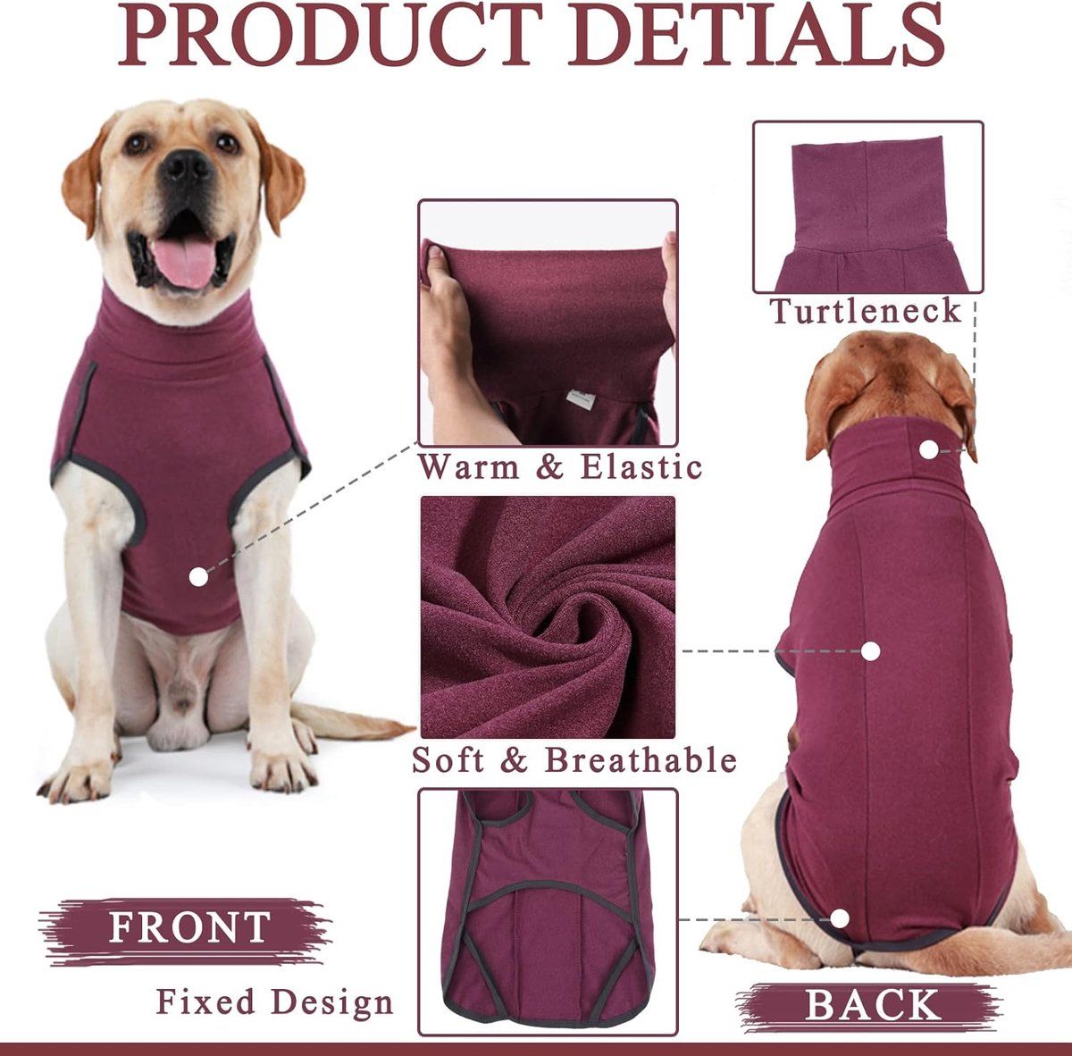 Dog Fleece Vest Turtleneck Sweatshirt Warm Lightweight Pullover Puppy Clothes for Indoor Outdoor Use, Red, Size L
