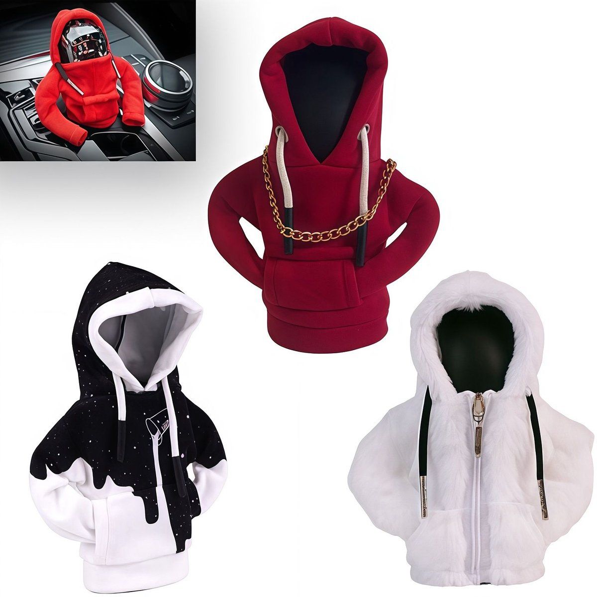 3 Styles Gear Shift Knob Hoodie Cover, Universal Car Shifter Decor with Chain, Auto Interior Accessory Compatible with Most Vehicles