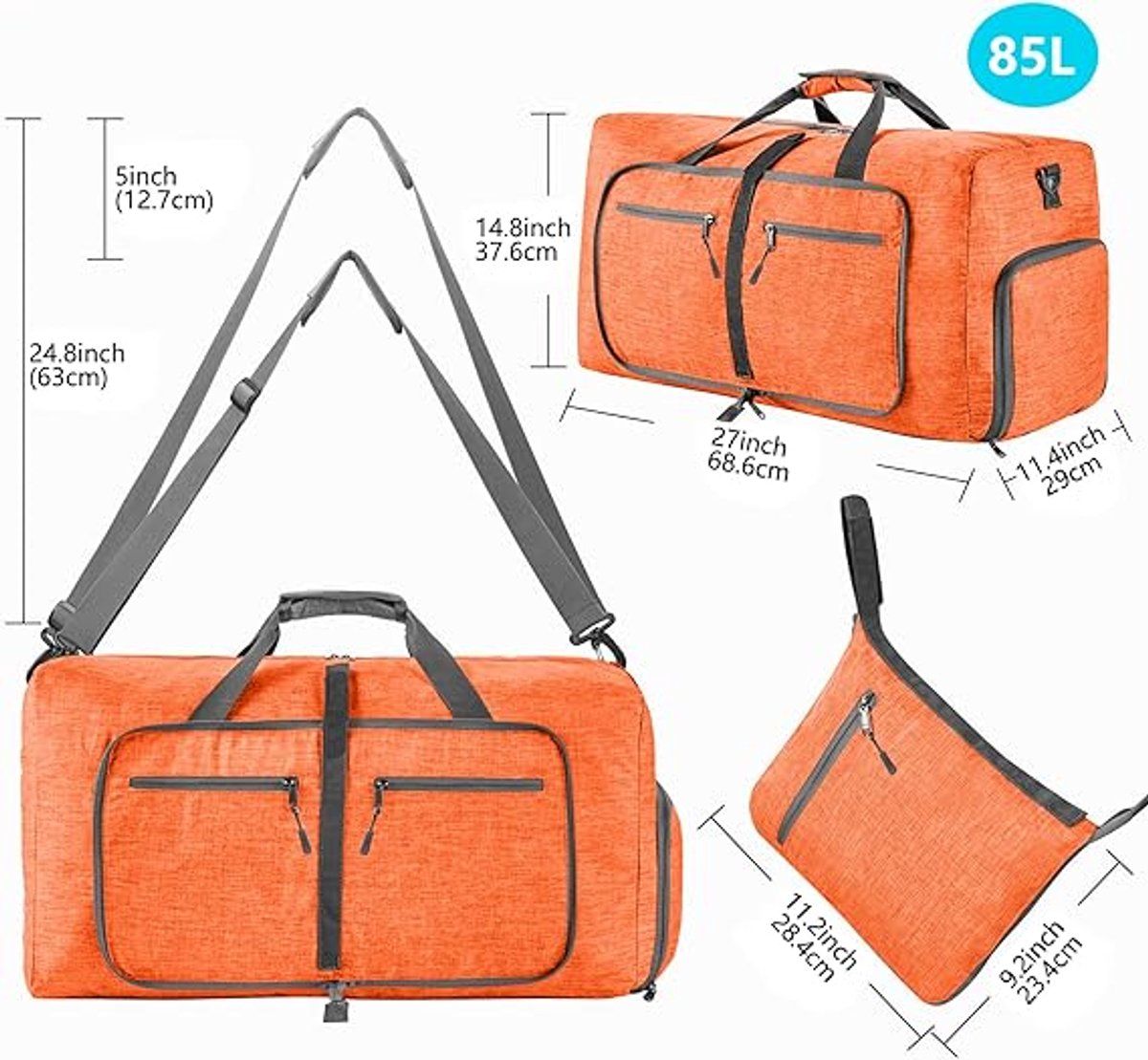 85L Foldable Travel Duffel Bag, Water-Resistant Weekender Sports Bag with Shoe Compartment, Lightweight Unisex Gym Bag for Travel and Sport, Orange