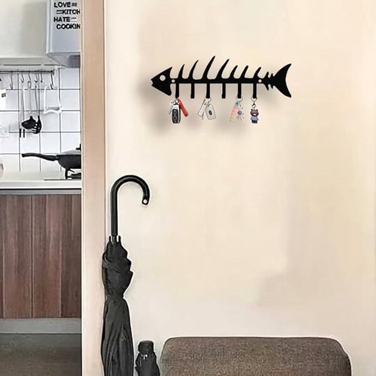 Metal Fish Bone Key Holder Wall Mounted Decorative Hook for Keys and Coats, Sturdy Wall Rack for Entryway Kitchen Living Room and Home Wall Decoration