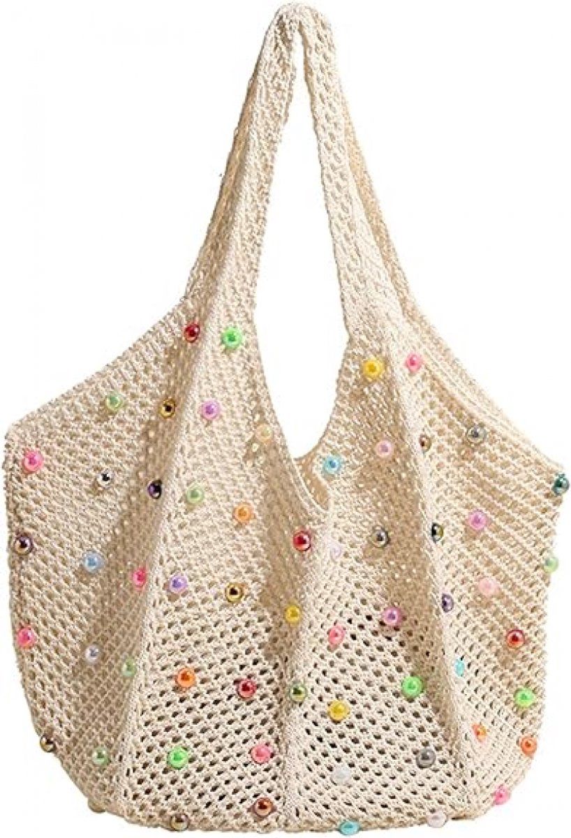 Crochet Beach Tote Bag for Women, Colorful Beaded Shoulder Handbag, Large Capacity Hippie Knitted Travel Bag for Vacation and Photos