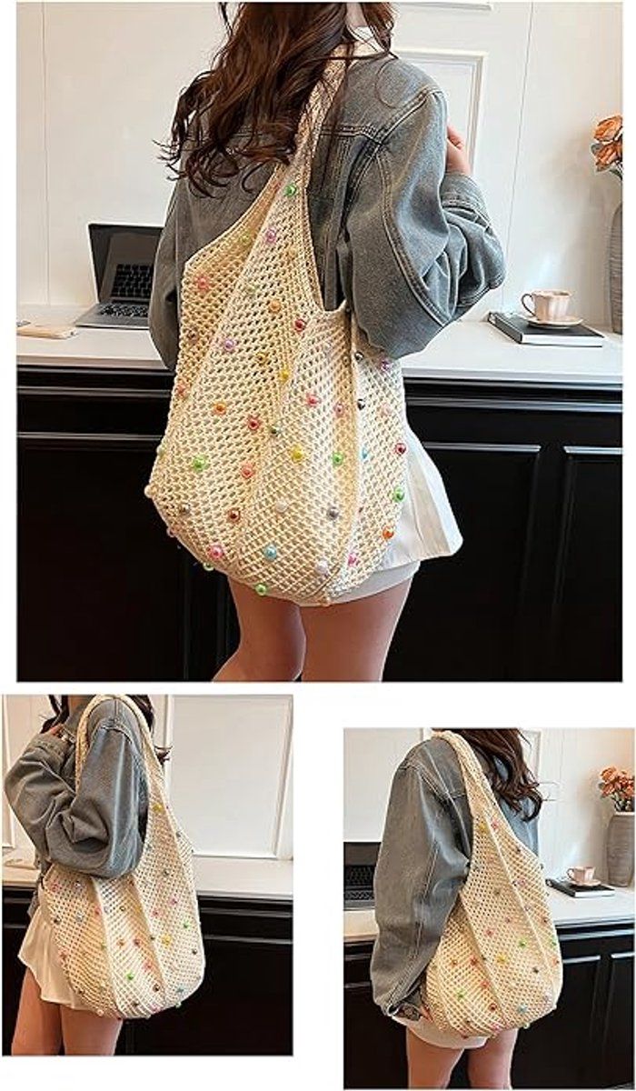Crochet Beach Tote Bag for Women, Colorful Beaded Shoulder Handbag, Large Capacity Hippie Knitted Travel Bag for Vacation and Photos