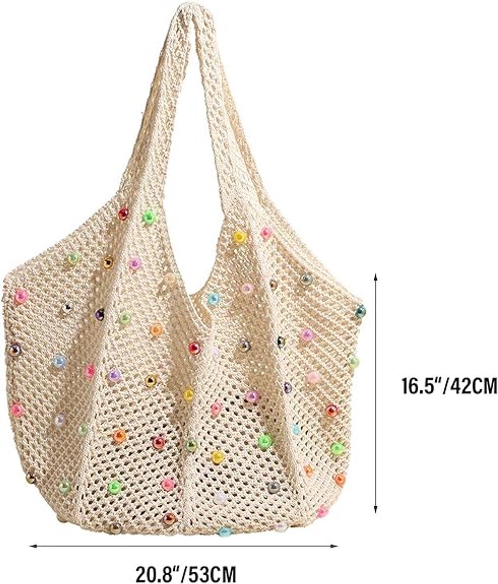 Crochet Beach Tote Bag for Women, Colorful Beaded Shoulder Handbag, Large Capacity Hippie Knitted Travel Bag for Vacation and Photos