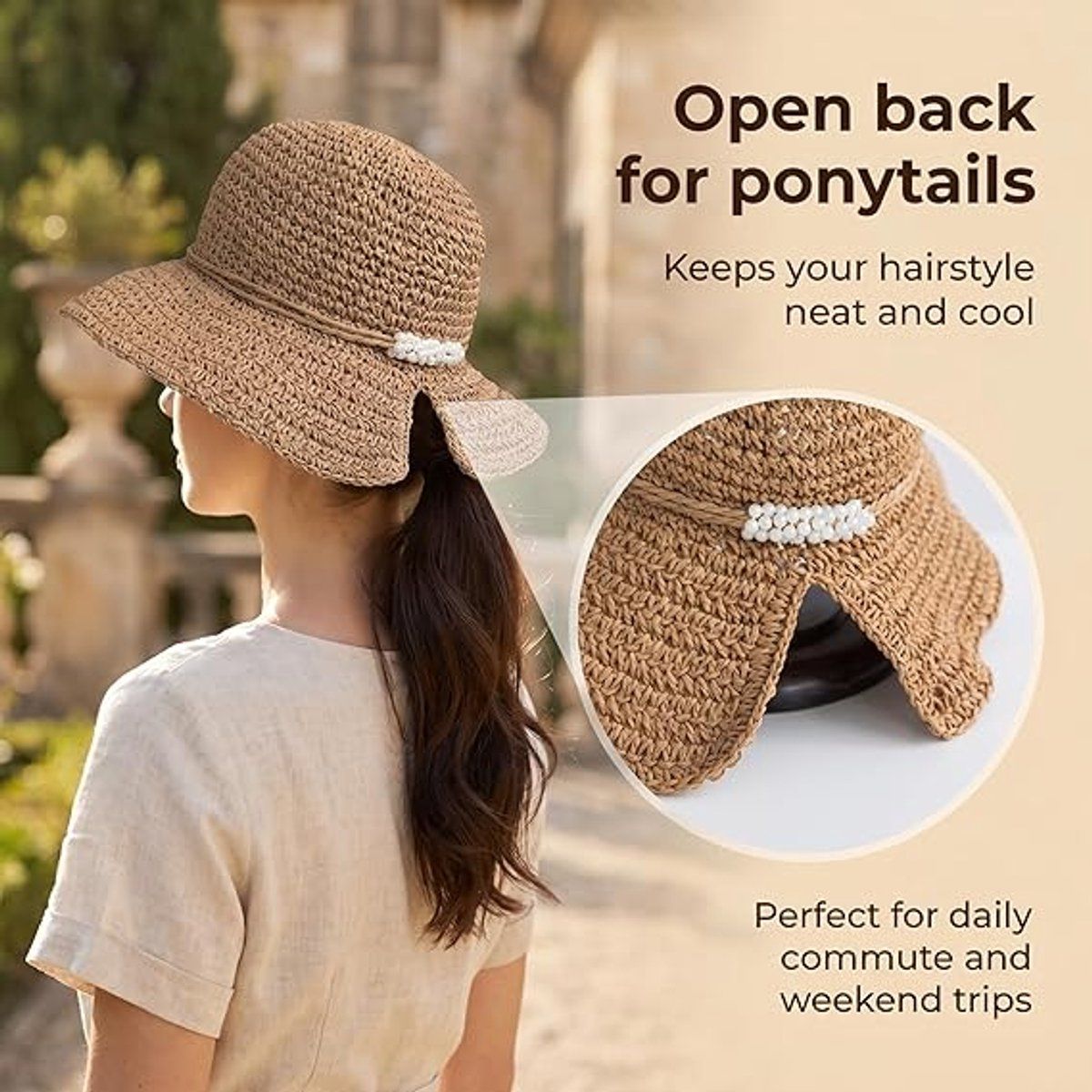 Women's Foldable Straw Sun Hat with Wide Brim, UV Protection Beach Hat for Summer Vacation Gardening