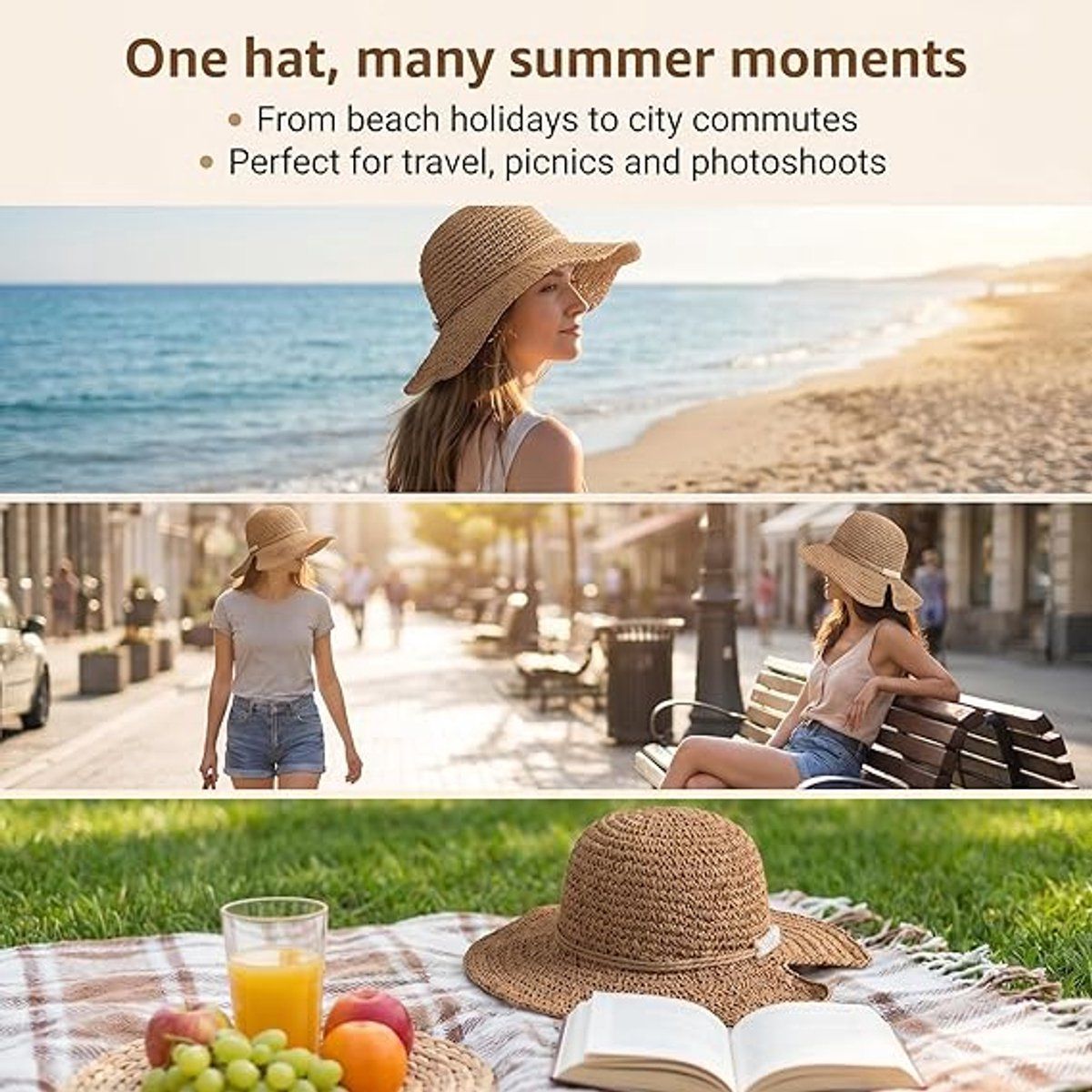 Women's Foldable Straw Sun Hat with Wide Brim, UV Protection Beach Hat for Summer Vacation Gardening