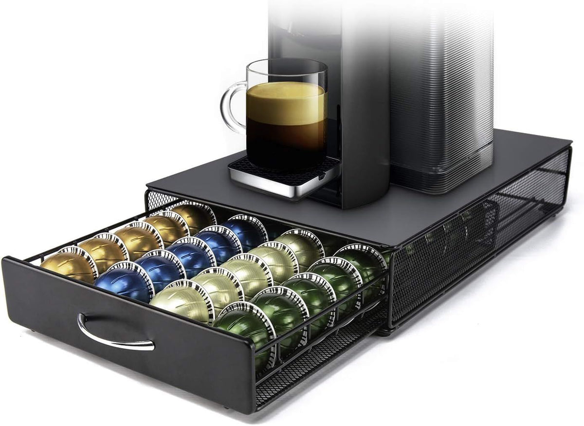 Coffee Capsule Drawer Compatible with Nespresso Vertuoline, Metal Coffee Pod Storage Holder for 40 Pods, Black