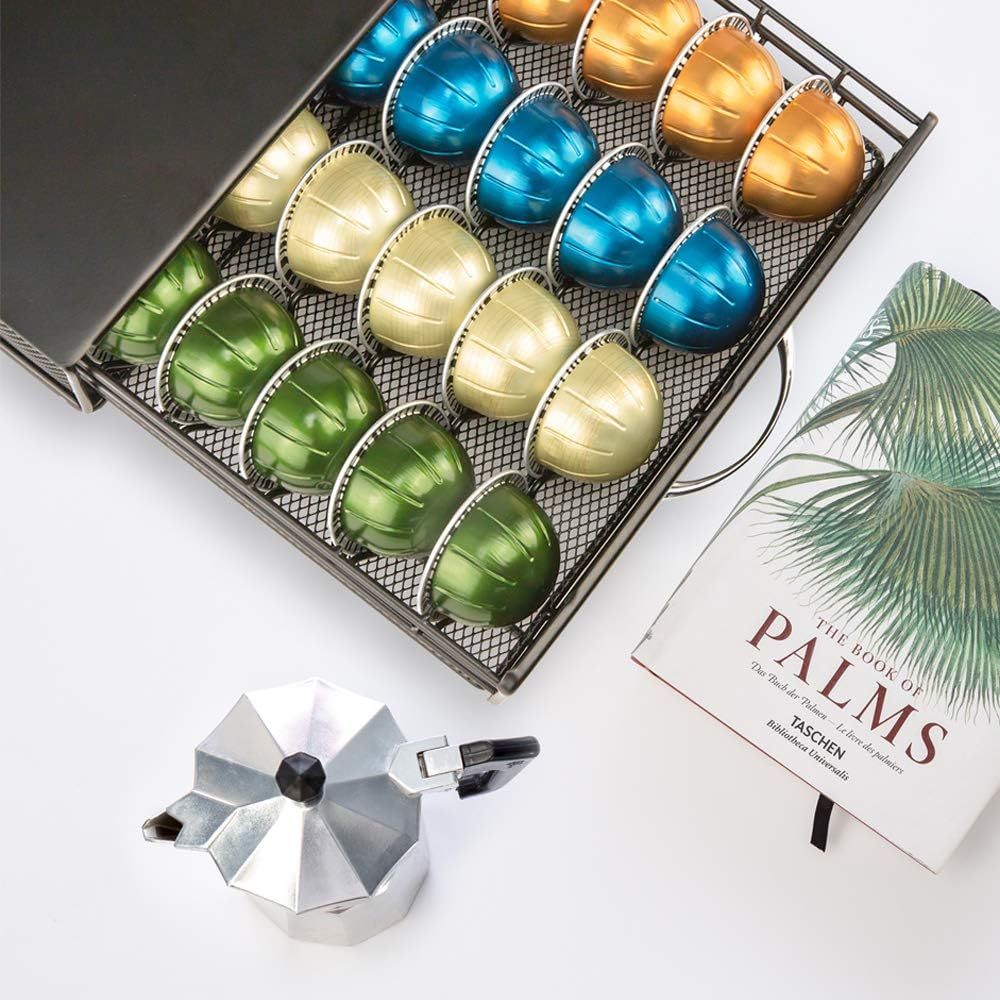 Coffee Capsule Drawer Compatible with Nespresso Vertuoline, Metal Coffee Pod Storage Holder for 40 Pods, Black