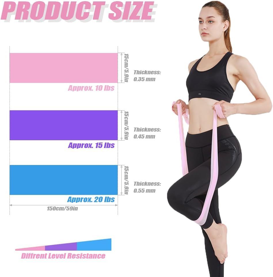 3Pcs Resistance Bands, Elastic Exercise Pilates Bands with 3 Resistance Levels for Yoga, Strength Training, Stretching, Pink, Purple, Blue