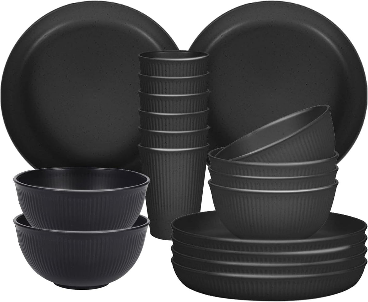 18 Pcs Camping Dinnerware Set, Plastic Plates Bowls and Cups for 6, Lightweight Microwave and Dishwasher Safe, for Party Picnic Home, Black