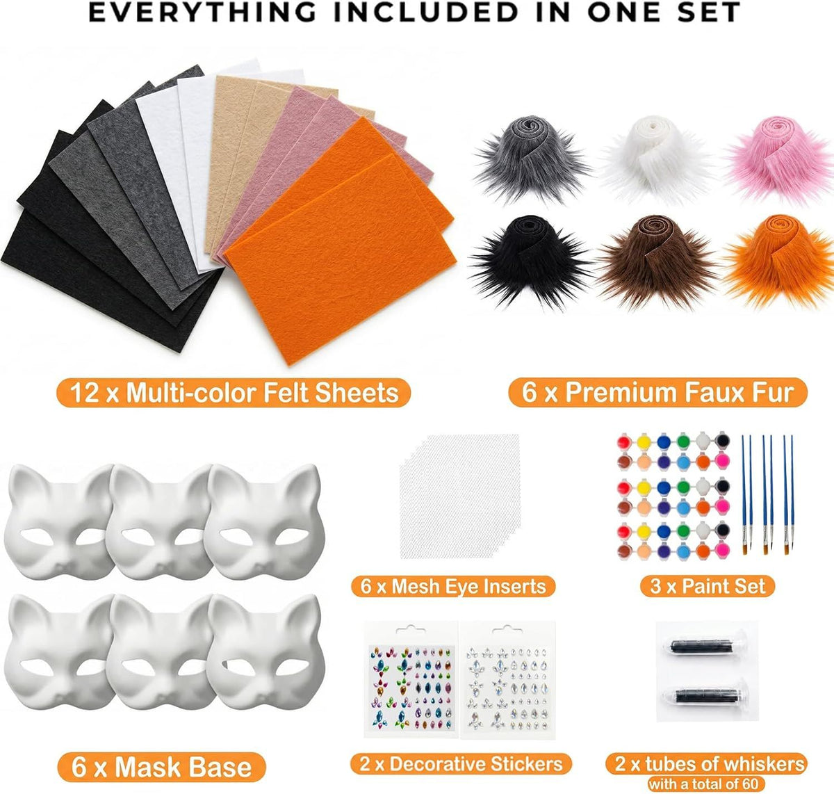 37 Pcs Therian Mask Kit, White Cat Masks DIY to Paint Furry Animal Mask for Halloween Masquerade Cosplay Party