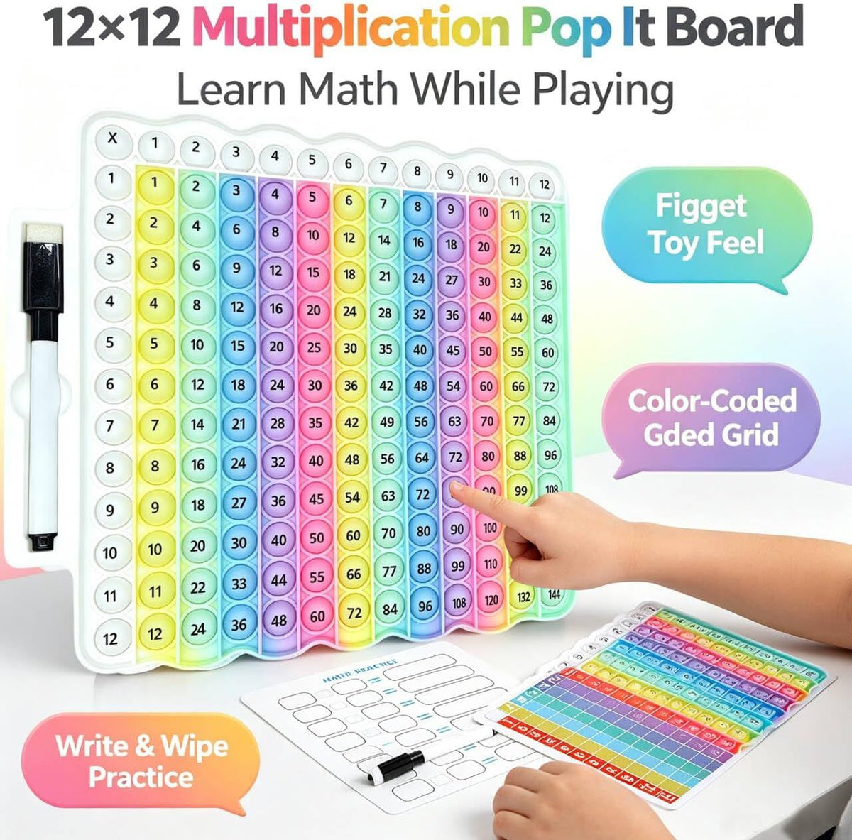 Multiplication Table Pop Fidget Toy, Educational Math Learning Board Game with Marker, Rainbow Colors Math Flash Cards for Kids, 12x12 Grid