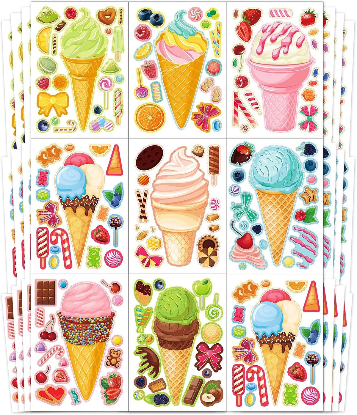 32 Sheets Ice Cream Stickers for Kids, Make a Face Stickers for Party Decorations, Party Favors Craft Supplies