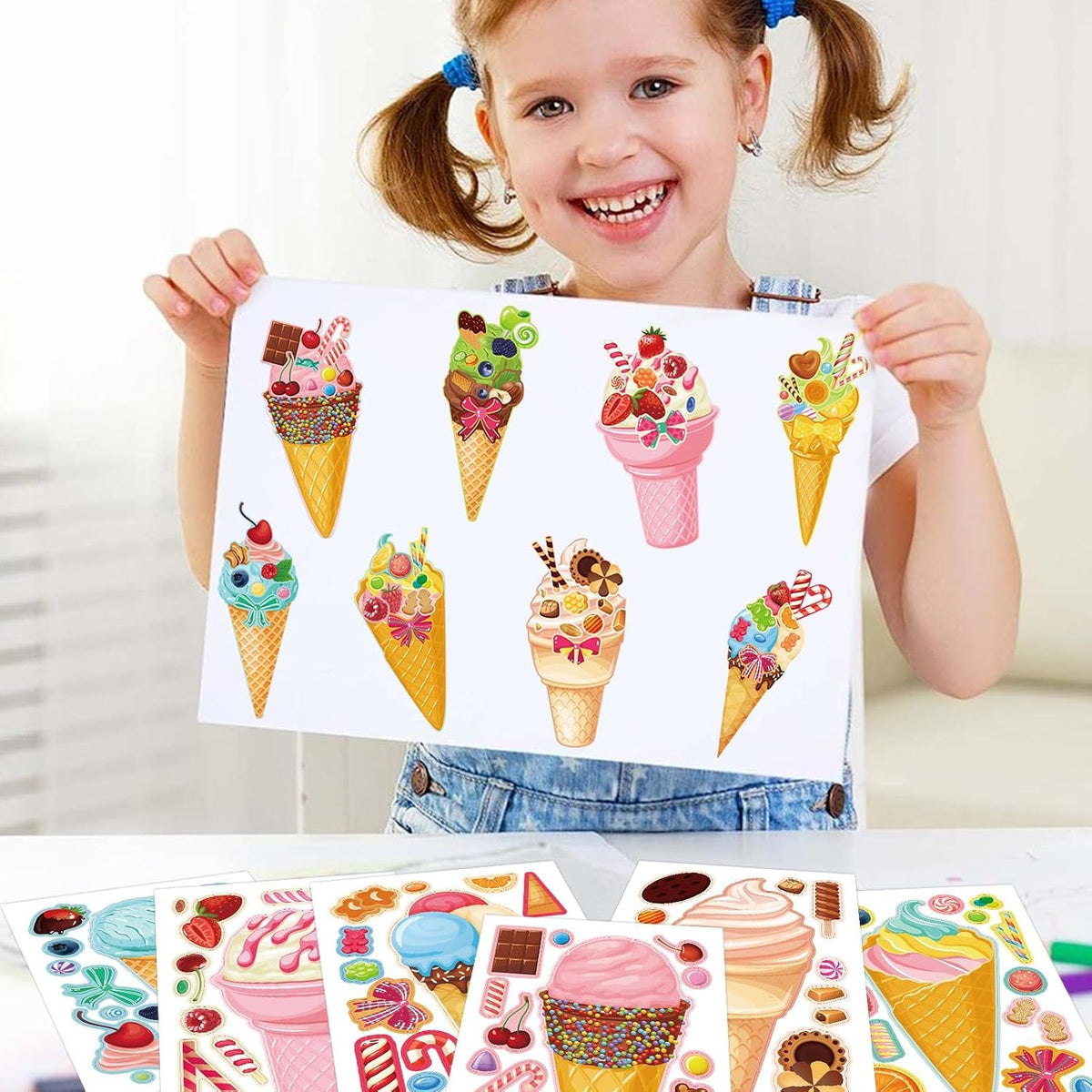 32 Sheets Ice Cream Stickers for Kids, Make a Face Stickers for Party Decorations, Party Favors Craft Supplies