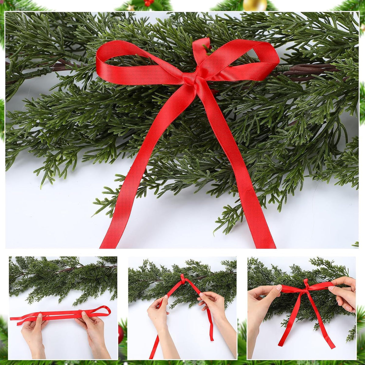 50 Pcs Christmas Ribbon Ties, Red Satin Garland Wrapping Straps for Tree Wreath Holiday Stairways Decor, 0.5" Width x 31.5" Length