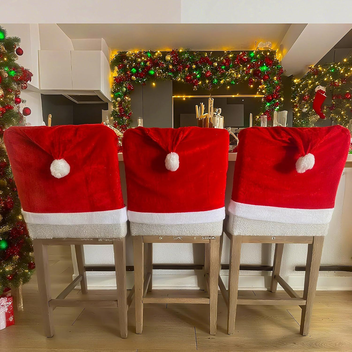 4Pcs Christmas Chair Covers with Hat, Stretch Parsons Chair Back Covers, Removable Washable Slipcovers for Home Hotel Holiday Decoration