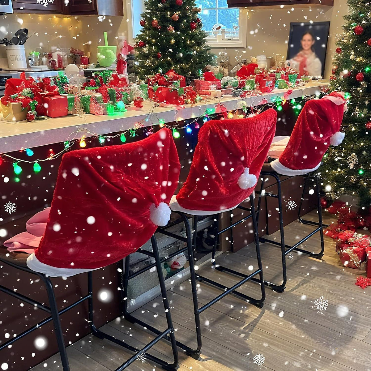 4Pcs Christmas Chair Covers with Hat, Stretch Parsons Chair Back Covers, Removable Washable Slipcovers for Home Hotel Holiday Decoration