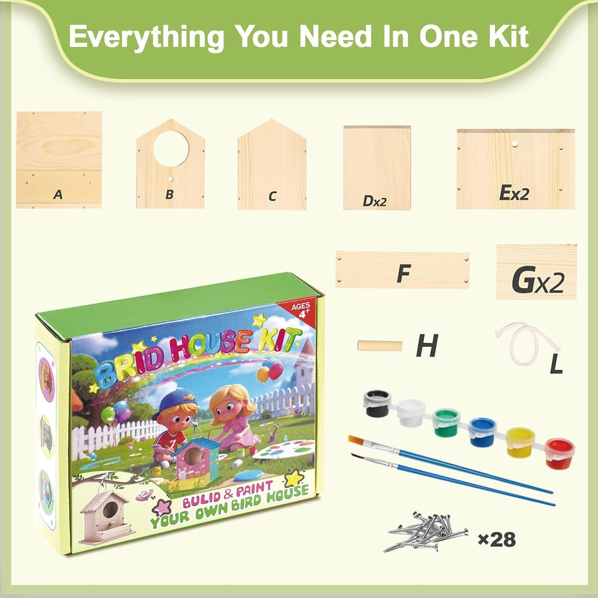 DIY Wooden Birdhouse Kit for Kids with Paints and Brushes, Outdoor Woodworking Craft Painting Bird House for Boys Girls Christmas Gift, 1 Pack