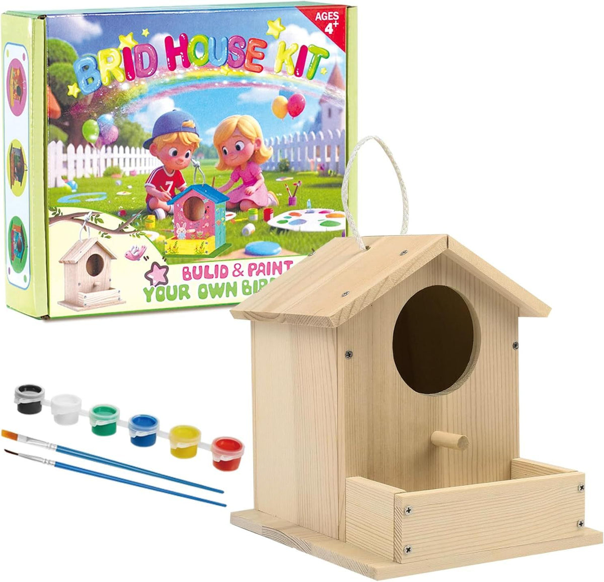 DIY Wooden Birdhouse Kit for Kids with Paints and Brushes, Outdoor Woodworking Craft Painting Bird House for Boys Girls Christmas Gift, 1 Pack