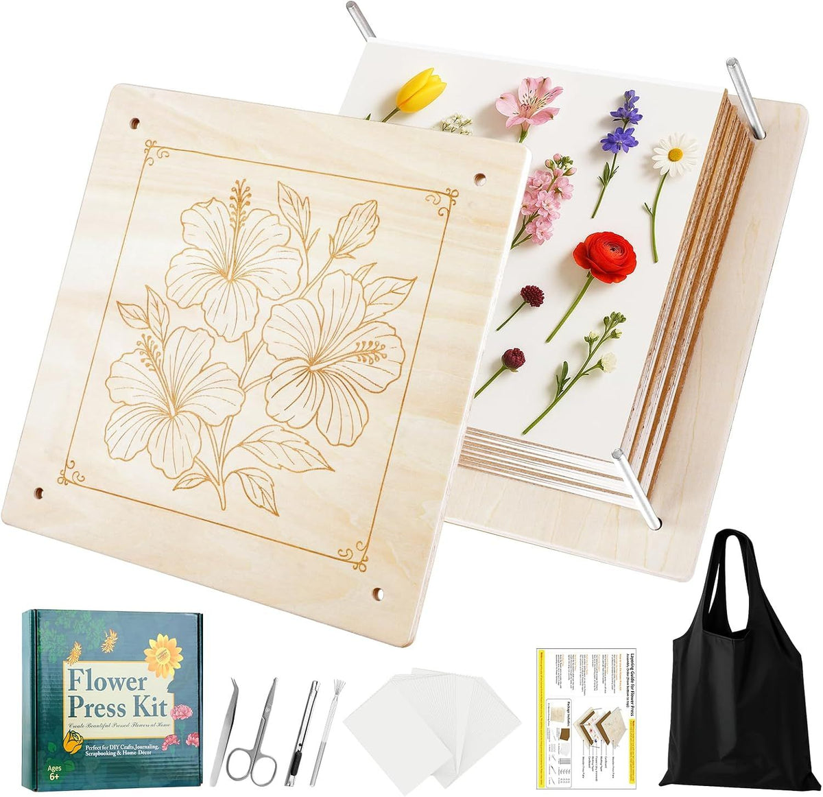 Flower Press Kit 10 Layer, Wooden Flower Press for Crafts, Pressed Flowers, Plant Press, Scrapbooking, Bookmark Making, 11 x 11 Inch