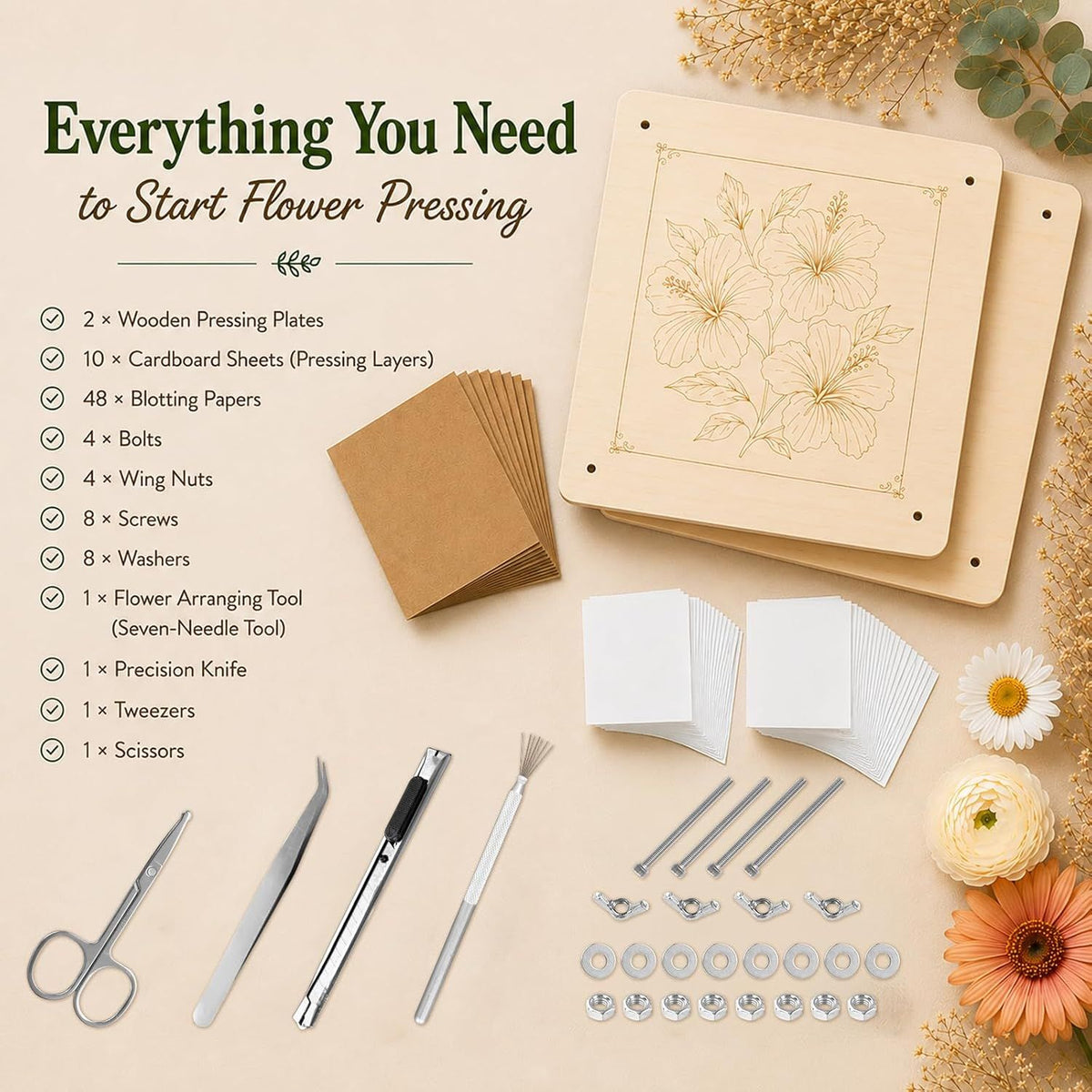 Flower Press Kit 10 Layer, Wooden Flower Press for Crafts, Pressed Flowers, Plant Press, Scrapbooking, Bookmark Making, 11 x 11 Inch
