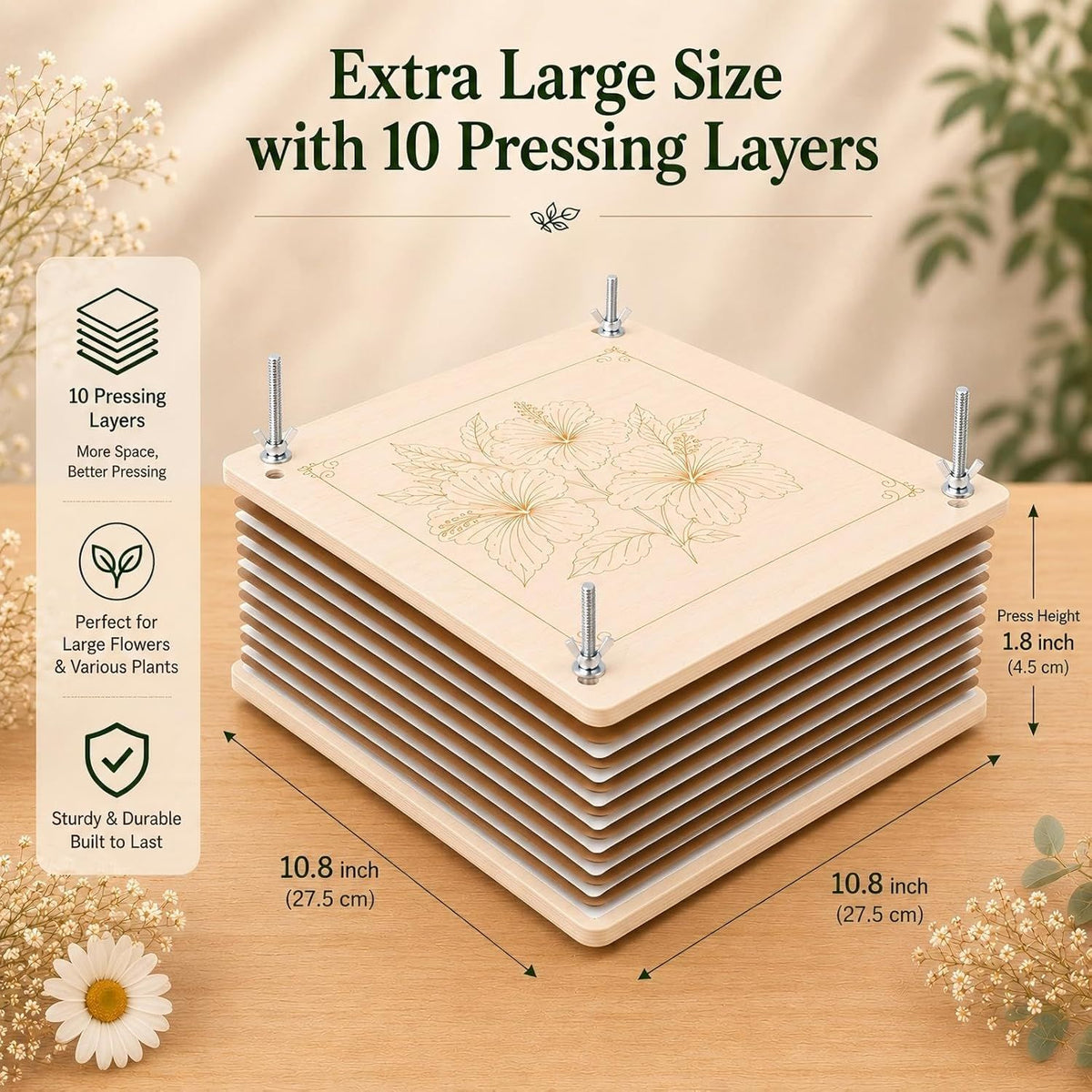 Flower Press Kit 10 Layer, Wooden Flower Press for Crafts, Pressed Flowers, Plant Press, Scrapbooking, Bookmark Making, 11 x 11 Inch