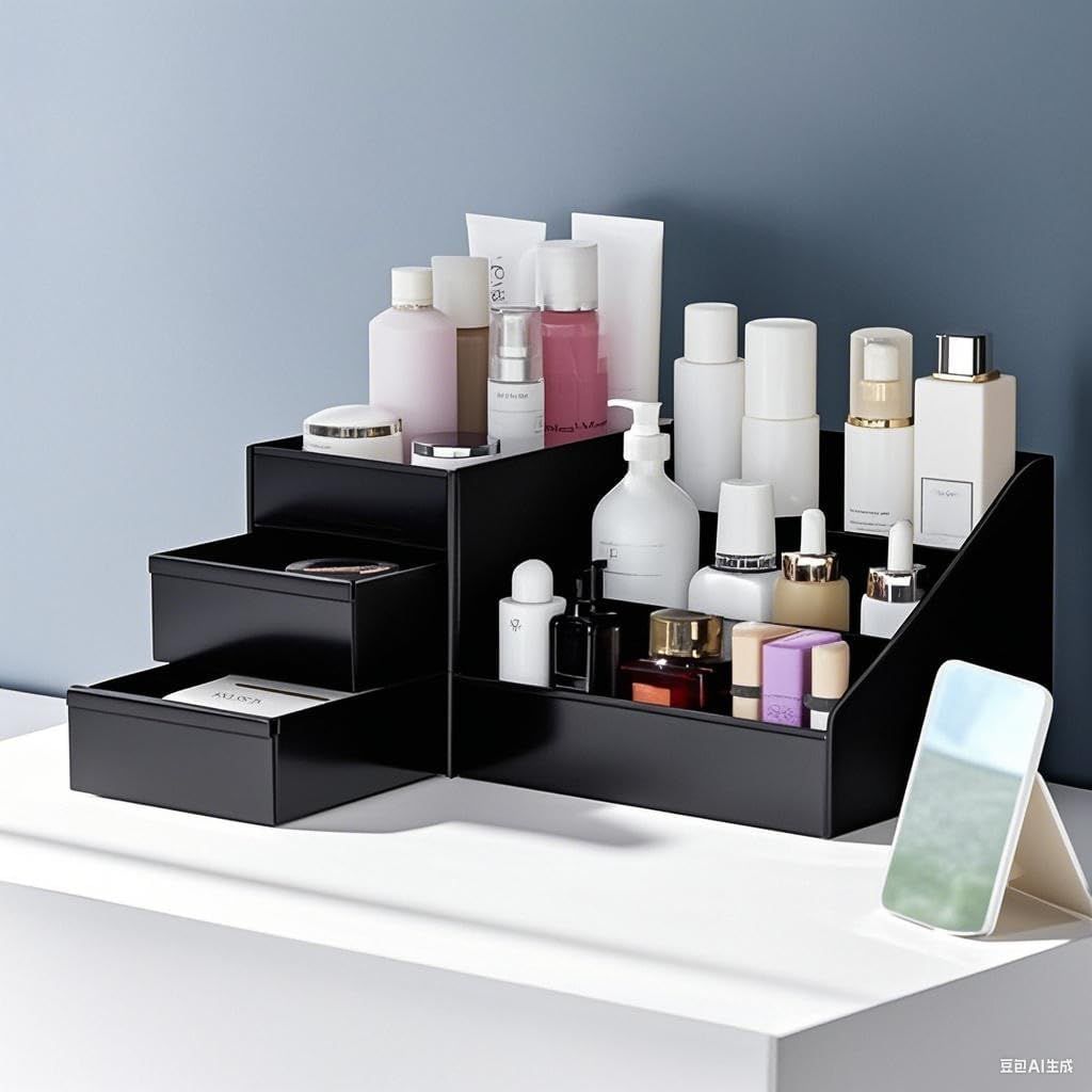 Black Cosmetic Organiser for Men with Drawers, Skincare Storage Box, Perfume Stand for Bedroom and Bathroom