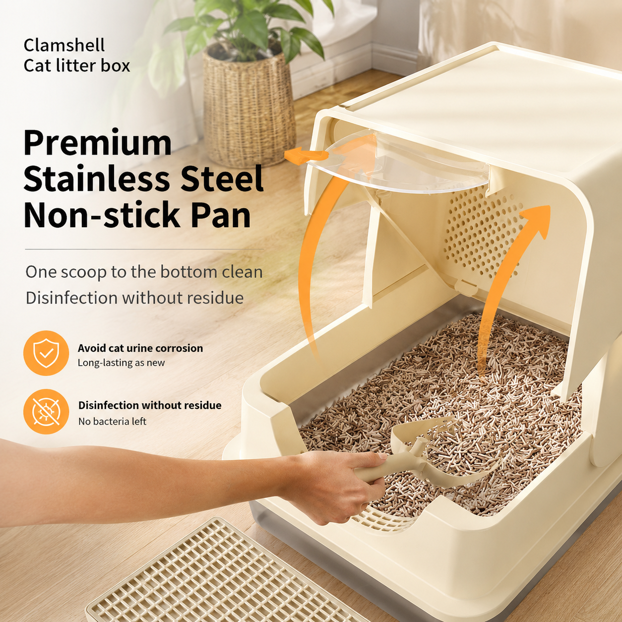 Cream White Extra Large Stainless Steel Cat Litter Box, Foldable Covered Cat Litter Tray with Round Top & Round Door, Front Entry Top Exit, Anti Tracking Mat, Scoop and Charcoal Filter