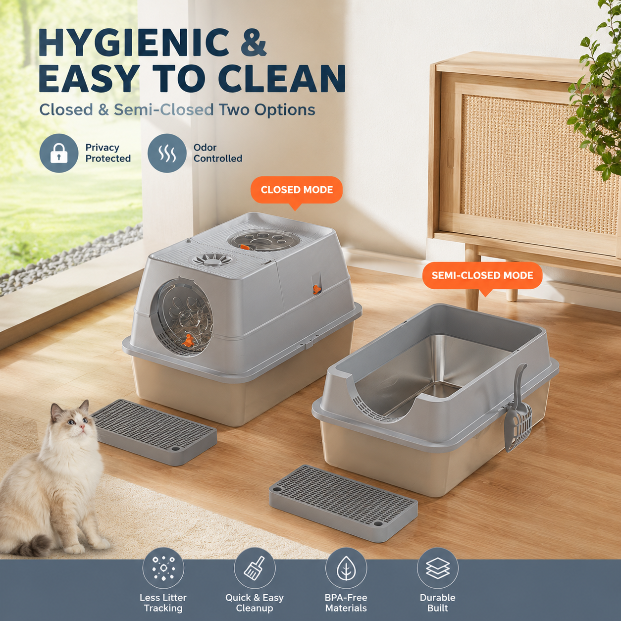 Cream White Extra Large Stainless Steel Cat Litter Box, Foldable Covered Cat Litter Tray with Round Top & Round Door, Front Entry Top Exit, Anti Tracking Mat, Scoop and Charcoal Filter