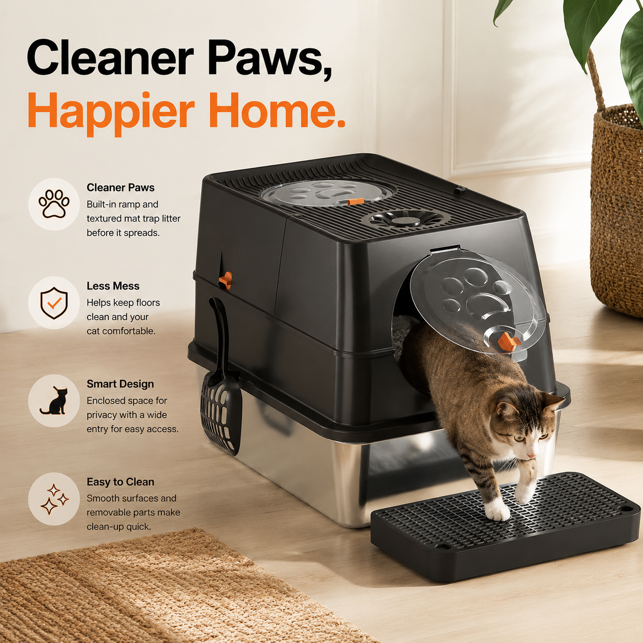 Cream White Extra Large Stainless Steel Cat Litter Box, Foldable Covered Cat Litter Tray with Round Top & Round Door, Front Entry Top Exit, Anti Tracking Mat, Scoop and Charcoal Filter