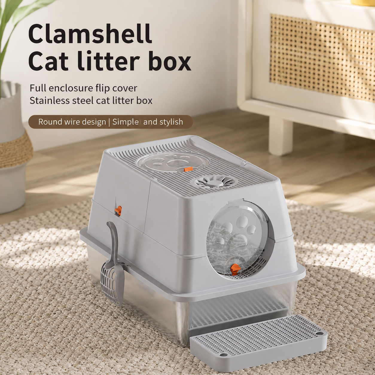 Light Grey Large Stainless Steel Cat Litter Box, Foldable Covered Cat Litter Tray with Square Top & Square Door, Front Entry Top Exit, Anti Tracking Mat, Scoop and Charcoal Filter